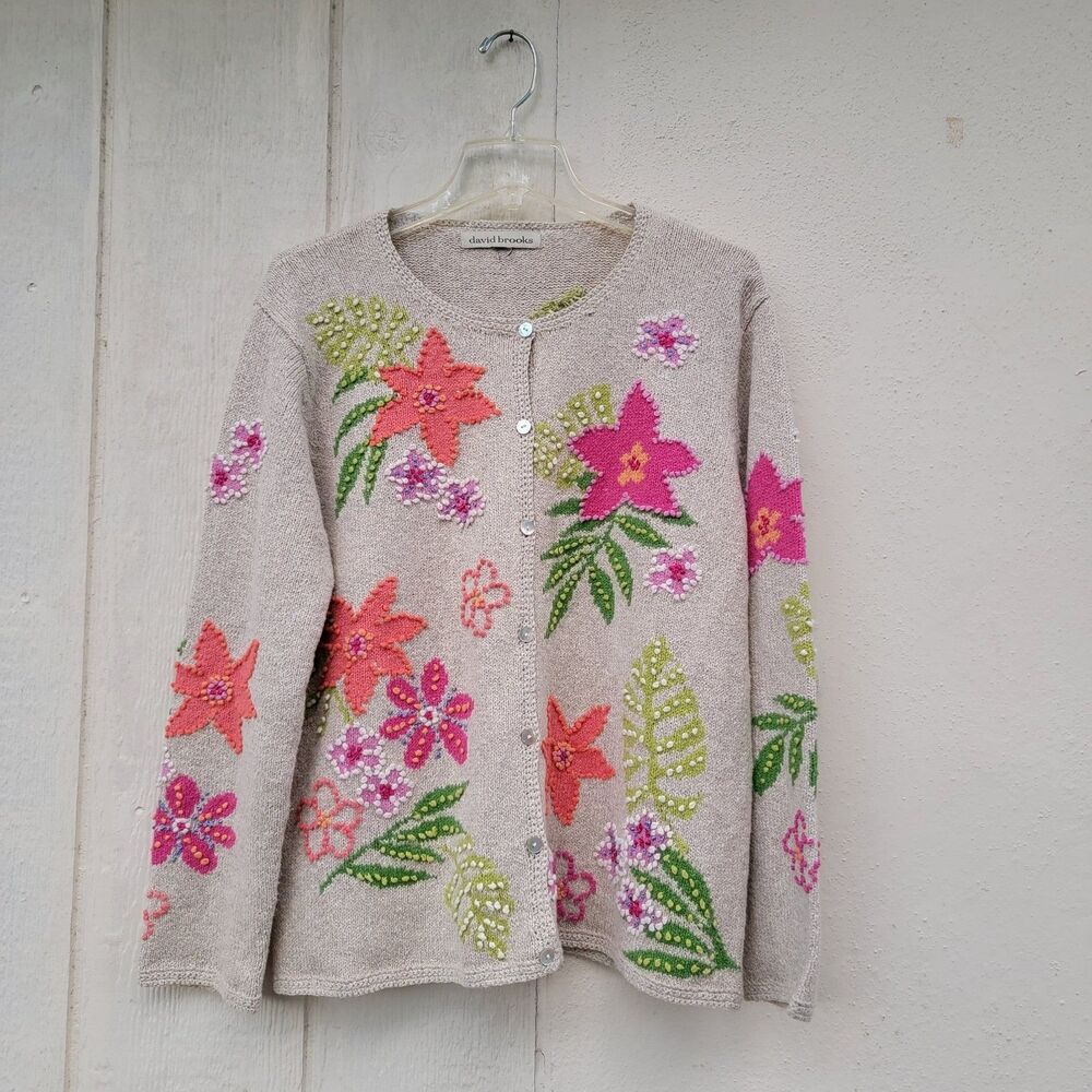 David Brooks cardigan sweater linen blend tan floral embroidered cottagecore